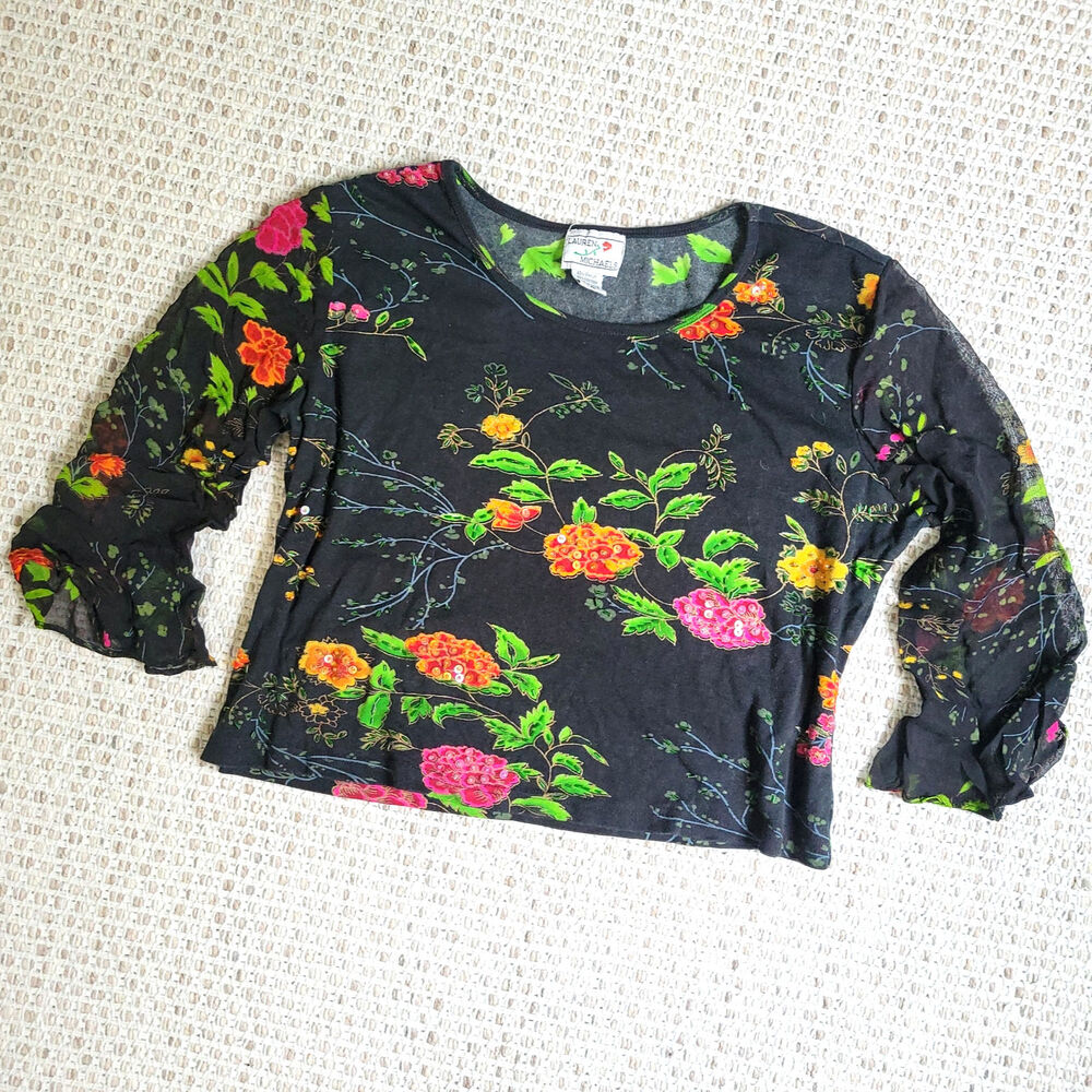 Vintage Lauren Michaels Womens XL Black Floral Beaded Top Long Mesh Sleeve